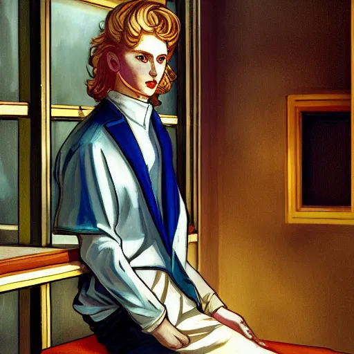 Prompt: the androgynous prince Lucius, head and shoulders masterpiece, pale porcelain skin with long fluffy blond curly hair, in rapture, golden hour, white poet shirt, artstation, in the style of Art Deco and Edward Hopper and Bosch, extremely detailed