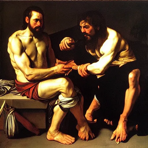 Image similar to judas and jesus discussing ropes. by caravaggio, by diego velazquez, by frans hals. oil painting, high detail, sfumato.