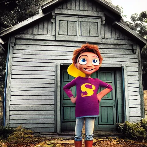 Prompt: a hero shot for a movie poster of an anthropomorphic main character of a kids movie by pixar, proudly smiling and standing in front of a small and compact wooden house