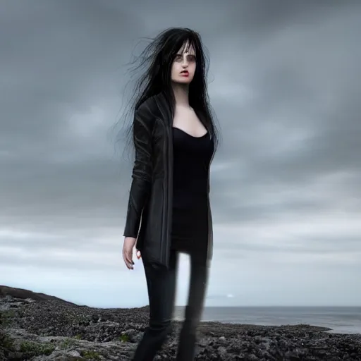 Image similar to 1 7 - year - old pale - skinned persian girl with black long bob cut, long hair, black gothic jacket, blue jeans, psychic girl, psychokinetic girl, standing on cliff along the irish coast, overcast gray skies, ultra - realistic, sharp details, subsurface scattering, intricate details, cold lighting, highly detailed, photorealistic, octane render, 8 k unreal engine