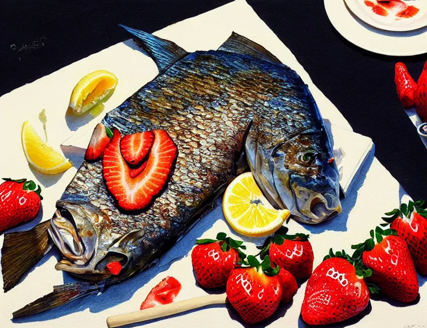 Prompt: a grilled whole fish served with strawberries and whipped cream. this gouache painting by the award - winning mangaka has a beautiful composition, great sense of depth, dramatic lighting and intricate details.