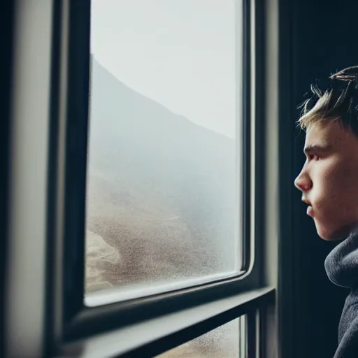 Prompt: a handsome young man in a hoodie looking through the window, dramatic lighting, cinematic scene, matte painting