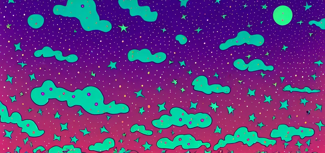 Prompt: A psychedelic midnight sky, studded with stars that form a constellation of Mufasa from lion king in the sky in the style of Tara McPherson Artstation HD, 8k, Surrealistic digital artwork,