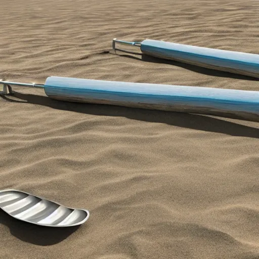 Image similar to two long chinese fying pans on a beach, photorealistic, 8k