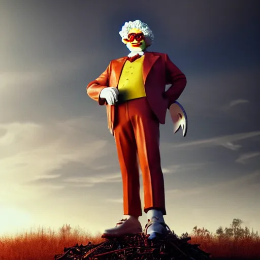 Prompt: Ronald McDonald and Colonel Sanders morphed into one person, hybrid, natural volumetric lighting, sunset, rusted steel, stunning skies, scattered rubbish and debris, 8k, photorealistic, hyper detailed, unreal engine 5, IMAX quality, cinematic quality, beautifully illustrated, sharp focus, minimal artifacts, from DOOM, by Greg Rutkowski, trending on Artstation, award winning