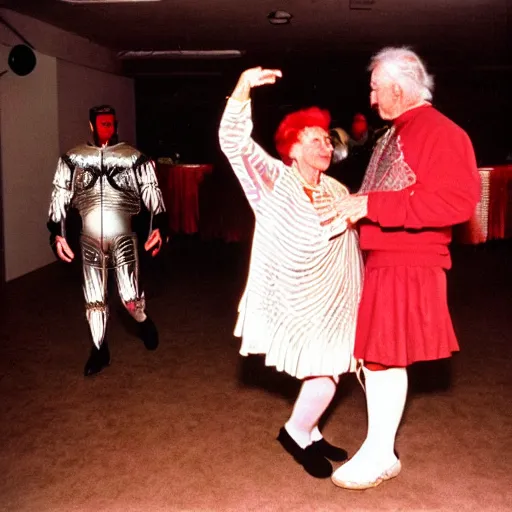 Image similar to a couple of grandparents of 1 0 0 years old wearing knight iron costume and dancing, kodachrome, backlight, add a glow around subj. edge, in twin peaks, 1 9 9 0 s