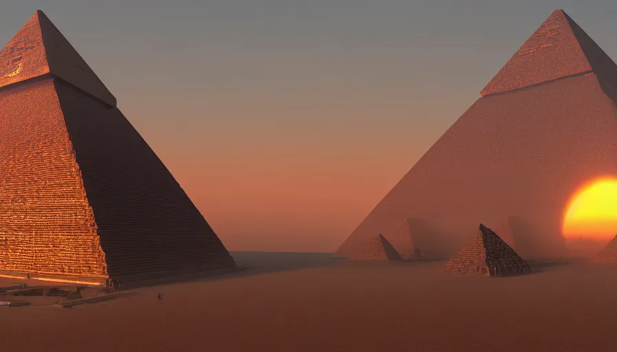 Prompt: Sunrise behind the Giza pyramid complex, hyperdetailed, artstation, cgsociety, 8k