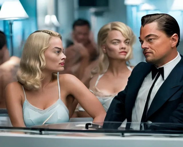 Image similar to leonardo dicaprio as the wolf of wall street next to margot robbie as naomi from the wolf of wall street, hyper realistic faces, cinematic, long shot, hyper detailed, 8 5 mm photograph, 8 k resolution, film still, sharp lens, wide lens