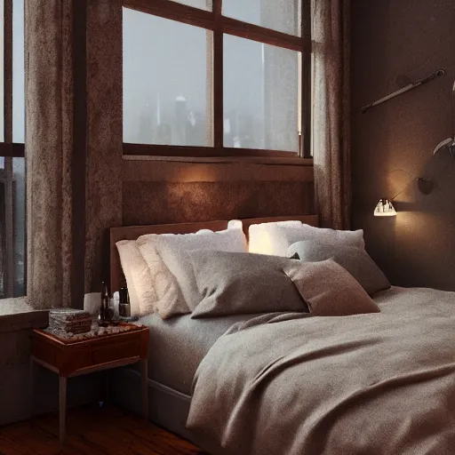 Prompt: cozy rustic bedroom that is dimly lit with a night view of new york in heavy mist, highly detailed, artstation, concept art