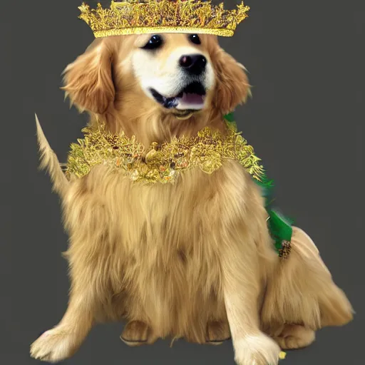 Prompt: Photomanipulation of golden retriver is dressed as a king, ultrarealism, photorealism, detailed, crown and gown
