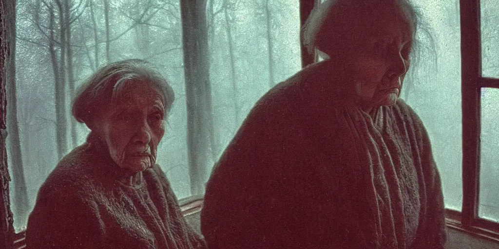 Image similar to portrait bust of old woman, solemn expression, faded color film, russian cinema, tarkovsky, kodachrome, inside old cabin, next to window, heavy forest outside, long brown hair, old clothing, heavy fog, blue hour, hudson river school, 4 k, dramatic lighting, greg rutkowski