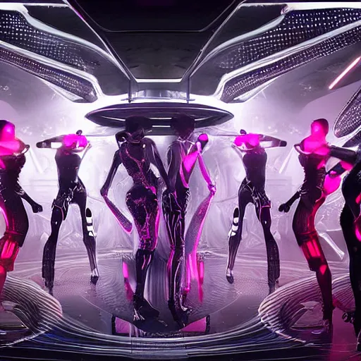 Prompt: ultra realist soft painting render of the inside of a futuristic nightclub, beautiful cyberwear armored cyborg dancers, crowded silhouettes, symmetry accurate features, very intricate details, black white red purple color palette, masterpiece award winning, cinematic lighting, focus, tom bagshaw artstyle