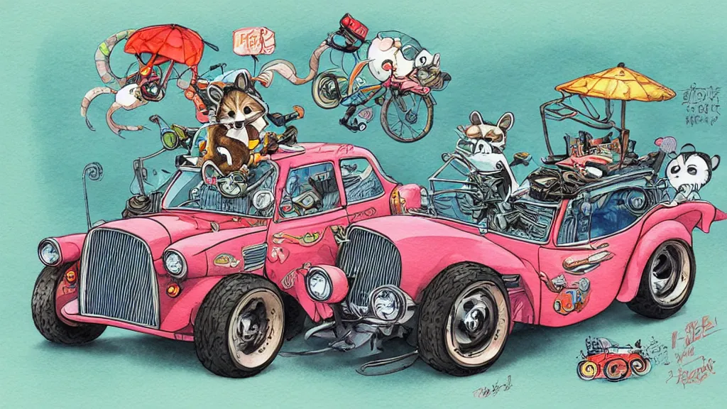 Image similar to cute and funny, racoon riding in a tiny hot rod coupe with oversized engine, ratfink style by ed roth, centered award winning watercolor pen illustration, hyperdetailed isometric illustration by chihiro iwasaki, edited by range murata