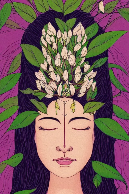 Image similar to a goddess of magnolia a queen of the garden, meditating! with a beautiful symmetrical face!!! cinematic lightning, isolated, studio lighting by audrey kawasaki