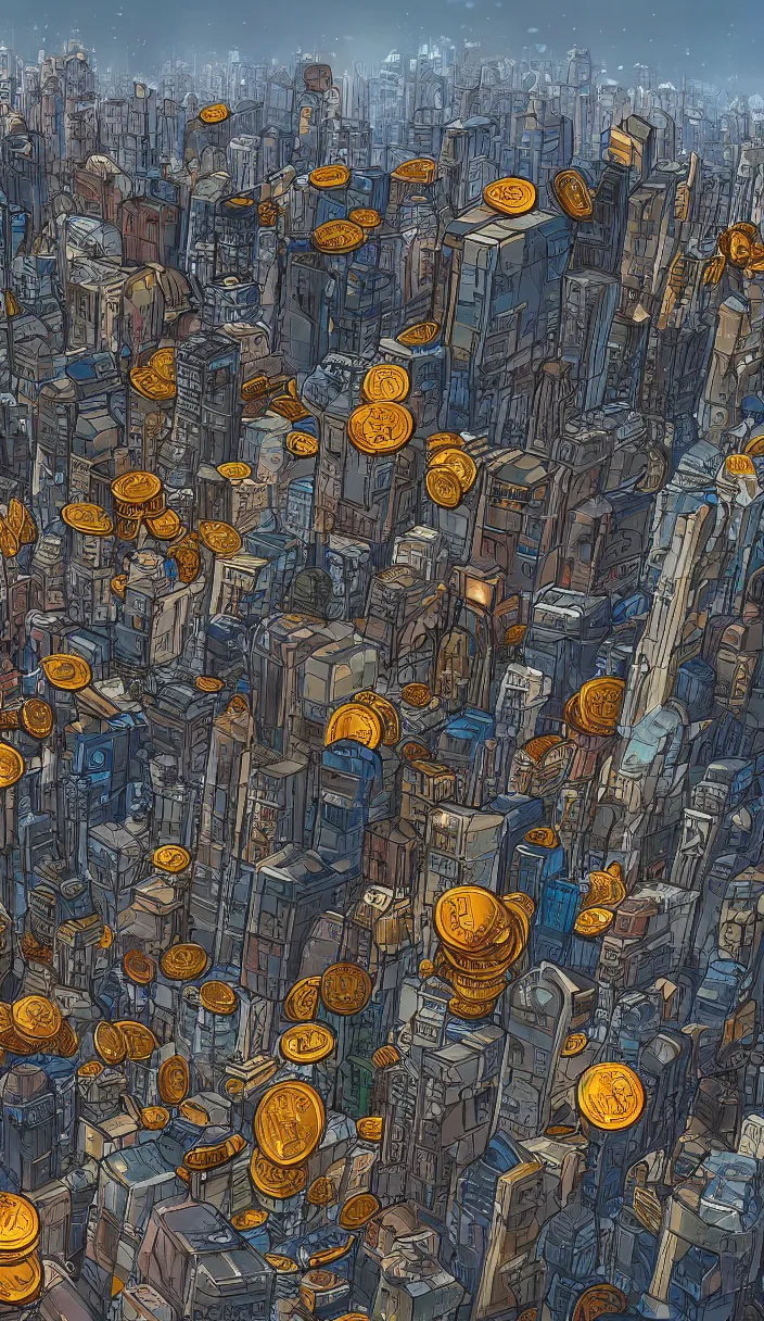 Image similar to cityscape with huge piles of crypto coins, concept art, award winning concept art, trending on artstation