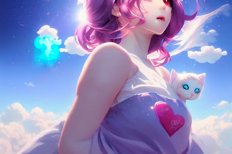 Prompt: bubbly lovely hopefully magical girl flying on the clouds with her kitty, occlusion shadow, specular reflection, rim light, unreal engine, artgerm, artstation, art by hiroaki samura and ilya kuvshinov and ossdraws, high quality, intricate detailed 8 k, fantasy illustration, extremely beautiful and aesthetic shape of face and body, movie poster