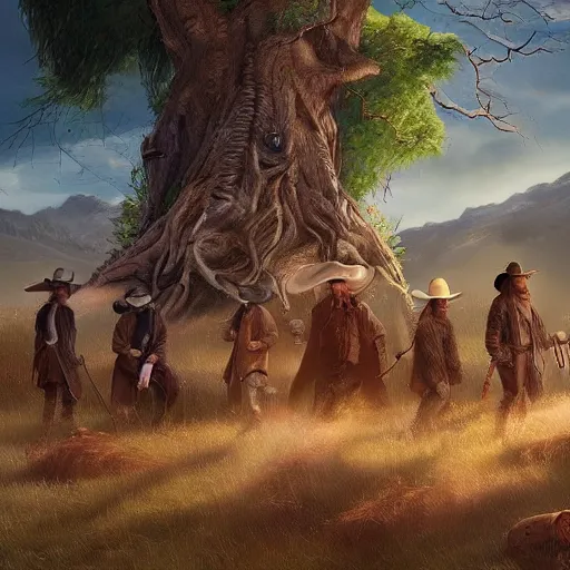 Image similar to hobbits wearing cowboy hats hiring under a tree from wraiths, artstation digital art