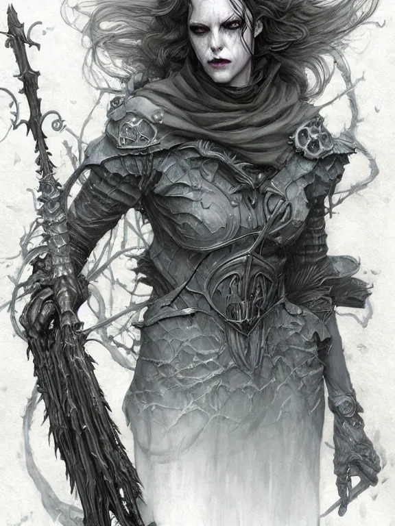 Prompt: female revenant, undead, grey tarnished longcoat, vengeful, floating, no legs, high fantasy, steampunk, monochromatic, detailed face, highly detailed, smooth, shrap focus, matte digital illustration, by koyorin, donato giancola, pixiv