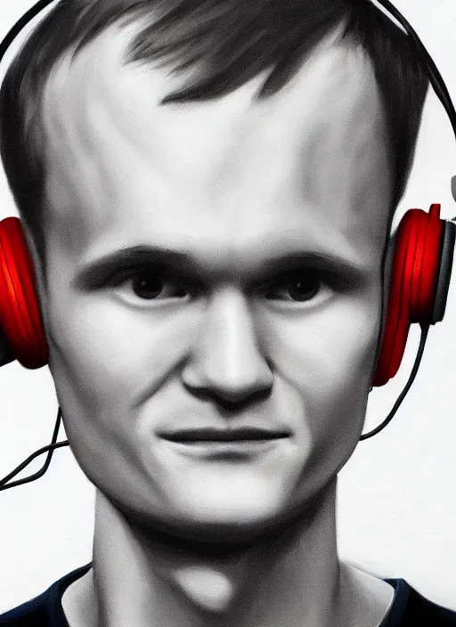 Image similar to vitalik buterin in headphones. vitalik buterin, close up, perfect symmetric face, coherent eyes, cute happy face, fine details., 4 k, hans zatska, oil paint