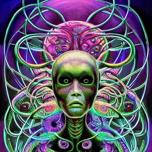 Prompt: ''realistic full body alien with two big heads each head individual eyes third eyes and glowing razorwired steampunk hair body made of flowing snakes and microbial bacteria hyperrealistic detailed intricate sci fi cyberpunk alex grey peter max colors beksinski dmt ayahuasca geometric pattern in the background merkabah flower of life ''
