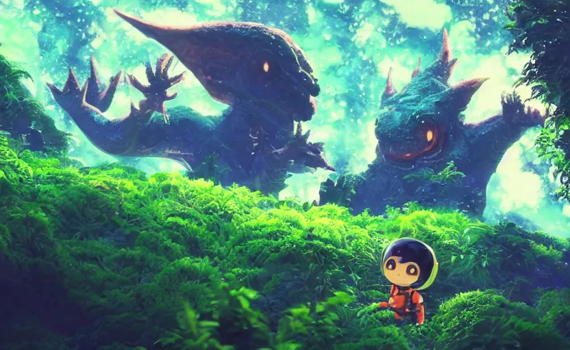 Image similar to a still of a cute adorable tiny astronaut, on a planet of lush colorful foliage, with an enormous kaiju dragon surrounding the full background, magical forest, sharp focus, neon backlit, highly detailed, disney pixar studio ghibli makoto shinkai, digital painting, matte, octane render, cinematic bloom, global illumination, iridescent, anime, 8 k concept art