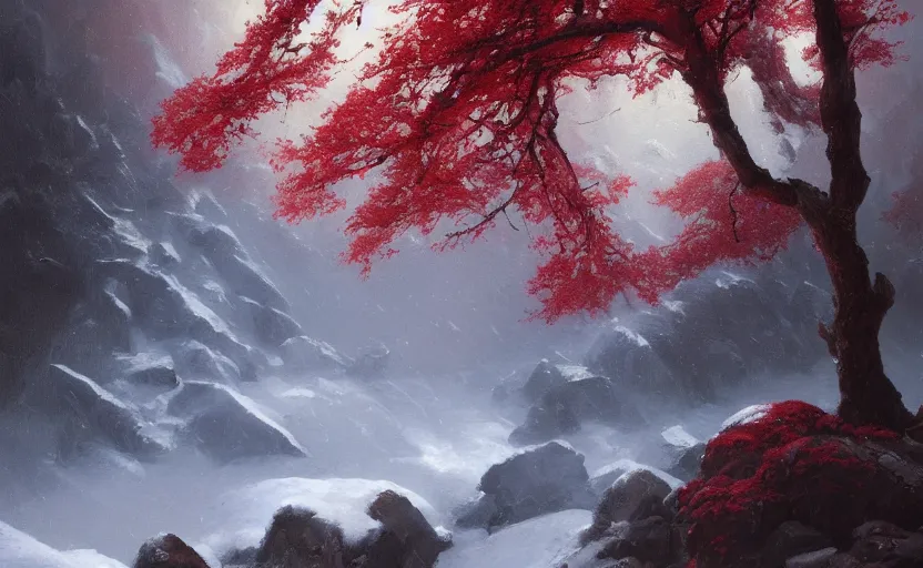 Image similar to A beautiful oil painting of a rocky valley covered in snow, trees with red leaves, thunderstorm in the sky, blue lighting, gloomy, atmospheric lighting, detailed, by greg rutkowski, trending on artstation