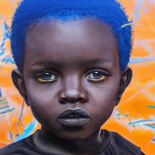 Image similar to a realistic painting of an african kid with cyberpunk and afrofuturist blue clothes, highly detailed, afrofuturist, cyberpunk, photorealistic.