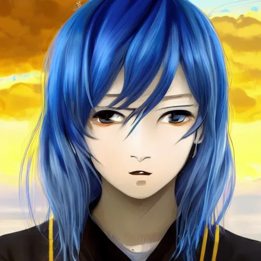 Image similar to side profile of rimuru tempest crying with sky blue hair, long hair, gold eyes, black jacket with white stripes and a high collar | highly detailed, greek city in the background, professional digital painting, digital art, concept art, award - winning photography, cinematic, wlop | art by pixiv art, ilya kuvshinov, yoshitaka amano