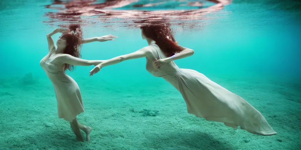 Image similar to underwater photography of beautiful model in flat dress by emmanuel lubezki