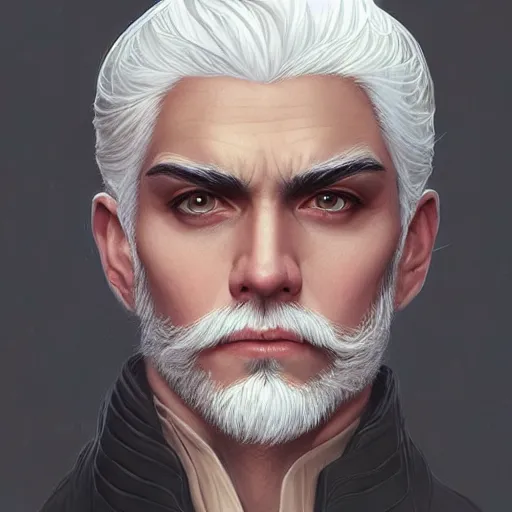 Image similar to man with white hair profile, dark circles, tired, unreal engine, Disney, intricate, elegant, highly detailed, digital art, art by JC Leyendecker and sachin teng