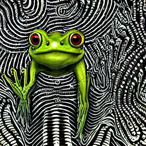 Image similar to closeup of an adorable, eldritch frog abomination of unimaginable horror by h. r. giger and junji ito, speculative evolution, psychedelic illustration, op art with big bold patterns