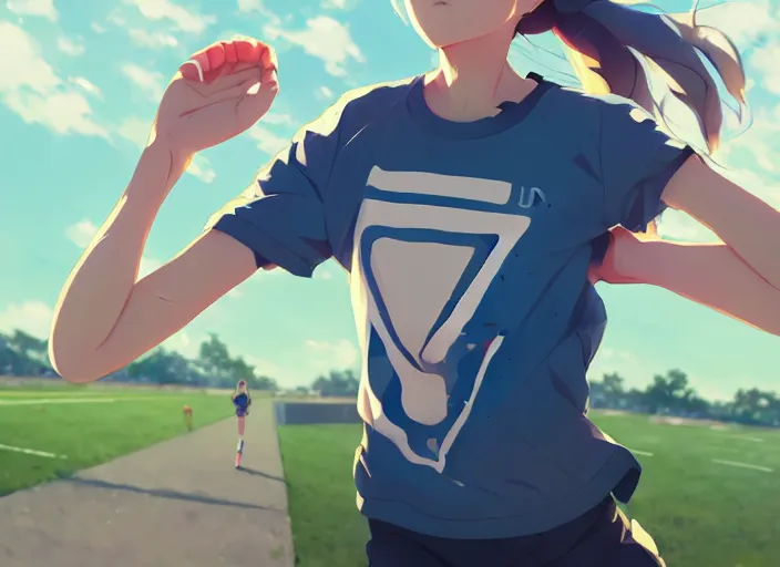 Prompt: portrait of high school runner girl, sunny sky background stadium landscape illustration concept art anime key visual trending pixiv fanbox by wlop and greg rutkowski and makoto shinkai and studio ghibli and kyoto animation symmetrical facial features sports clothing marathon race nike shirt realistic anatomy