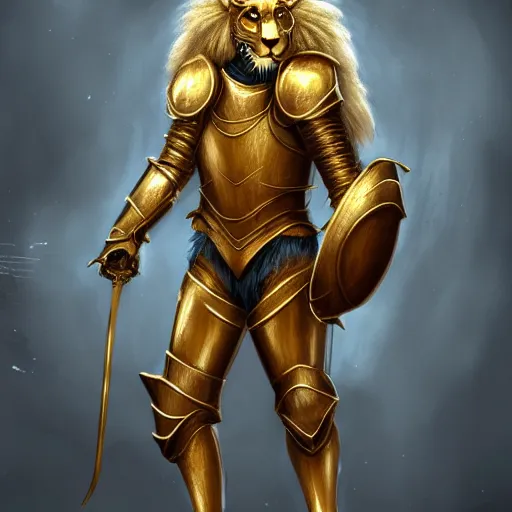 Image similar to a award winning commission photograph of an anthropomorphic lion with human features wearing a golden knight armor, digital art, character concept, highly detailed, deviantart, artstation, beautiful, photorealistic, imagination, fantasy, dramatic