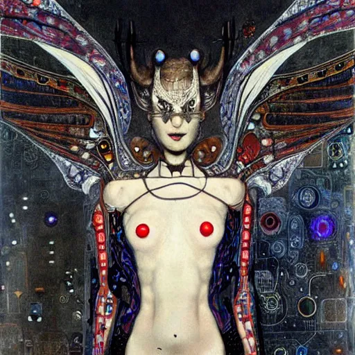 Prompt: winged cybernetic vampire with horns trapped in circuitry, intricate detail, miro, royo, whealan, klimt,