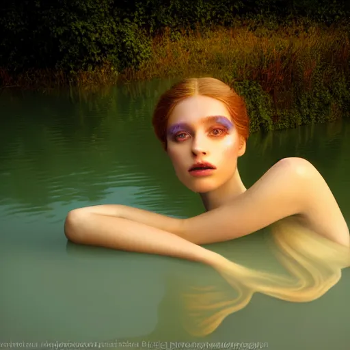 Image similar to photographic portrait of a stunningly beautiful siren renaissance female, floating on a lake, in soft dreamy light at sunset, contemporary fashion shoot, by edward robert hughes, annie leibovitz and steve mccurry, david lazar, jimmy nelsson, extremely detailed, breathtaking, hyperrealistic, perfect face, octane render