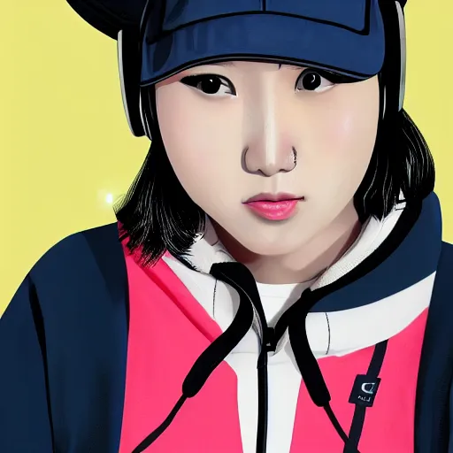 Prompt: wonderful young japanese girl with a mixer playing music, with headphones in her ears, with a sweatshirt with a cap with techno letters, with a vinyl in her hand, in a dark industrial park, realistic mouth, high definition, detailed and symmetrical face, detailed and realistic hands, expressive eyes, 4 k, bright color, epic digital art