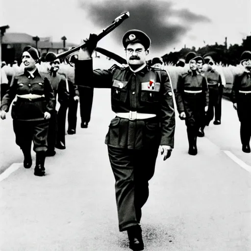 Image similar to mario as prison camp guard marching, wwii, officers uniform, cartoon style