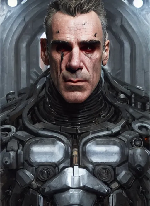 Image similar to daniel day - lewis as victor stone, full body concept, cyborg, borg, strogg, face of a man, terminator, flesh, quake strogg, doom demon, wolfenstein, monstrous, powerful, symmetry, symmetrical, concept art by ruan jia and greg rutkowski