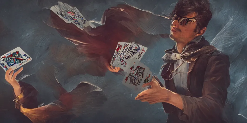 Prompt: man with flying cards, cardistry, fantasy, digital art, highly detailed, 8 k