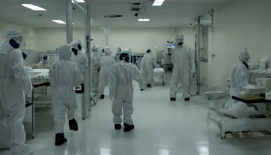 Image similar to Big budget color horror movie set inside a bioweapons lab, where a deadly virus is being created