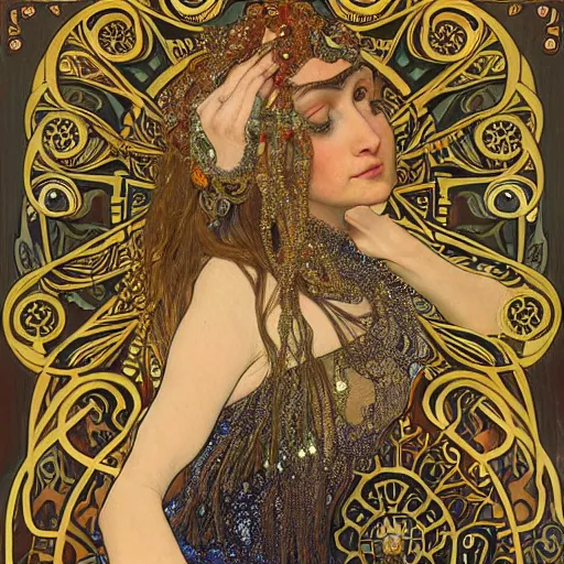 Prompt: !dream realistic detailed dramatic symmetrical portrait of Alex Jones as Salome dancing, wearing an elaborate jeweled gown, by Alphonse Mucha and Gustav Klimt, gilded details, intricate spirals, coiled realistic serpents, Neo-Gothic, gothic, Art Nouveau, ornate medieval religious icon, long dark flowing hair spreading around her