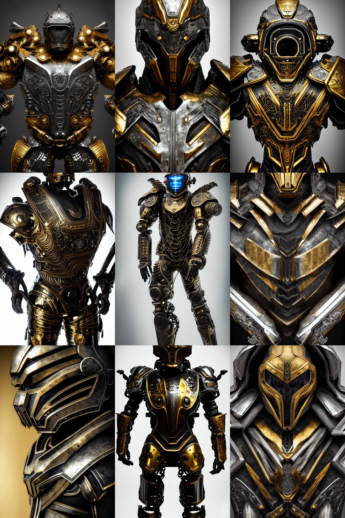 Prompt: hyper realistic photography of a glorious obsidian metal armor, futuristic design, portrait, cyberpunk style, wood and gold details, intricate, extremely detailed, ornate, deep of field, hard surface, exoskeleton, substance designer metal