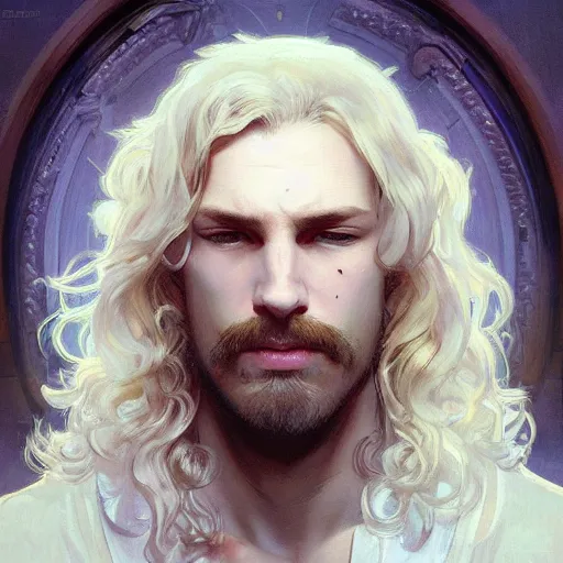 Image similar to Lucius with closed eyes smiling, very detailed sharp angular masculine face, hooked nose and square jaw long fluffy curly blond hair, light blond hair, gorgeous, beautiful, intricate, highly detailed, digital painting, artstation, concept art, sharp focus, illustration, art by greg rutkowski and alphonse mucha