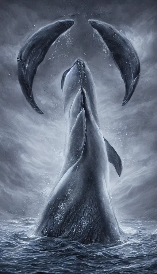 Image similar to summoning an ancient whale spirit, wet, surrealistic, dark fantasy, highly detailed concept art