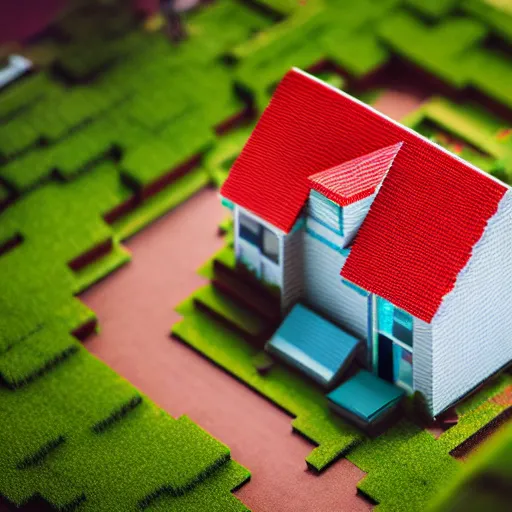 Prompt: macro photo of a miniature ho scale aesthetic minecraft house figure, taken with canon 8 0 d, canon 1 0 0 mm f / 2. 8