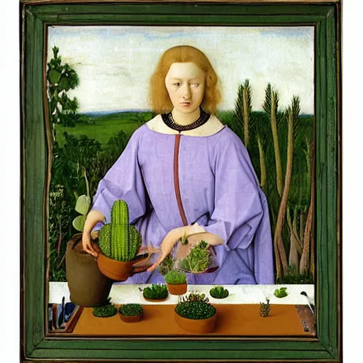 Image similar to painting by Roger Van Der Weyden of a beautiful blonde woman with shoulder length hair in a forest green dress putting colorful succulents into rainbow pots at a square table