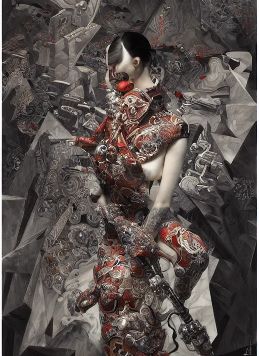 Prompt: portrait of a seductive cyborg yakuza with weapons, imari, modern fine art, fractal, in the style of ghosts in the machine, intricate ornaments, elegant, highly detailed, digital photography, subsurface scattering, by mc escher and greg rutkowski,