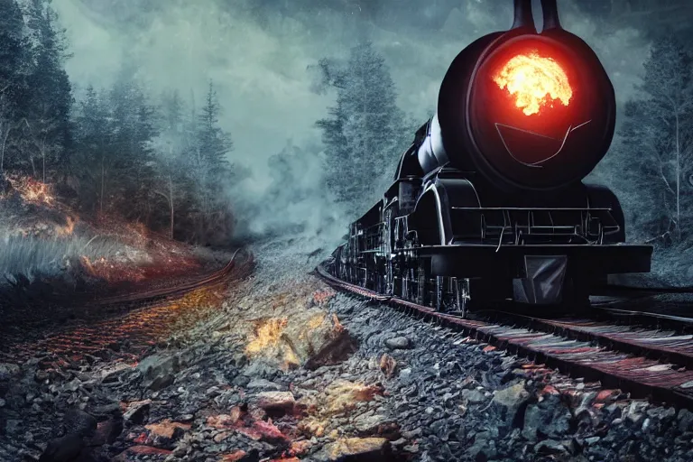 Image similar to devil train fiery black smoke locomotive blazing throguh dark forest, eerie moon eclipse, hyper realistic, ambient lighting, concept art, intricate, hyper detailed, smooth, dynamic volumetric lighting, octane, raytrace, cinematic, high quality, high resolution, 4 k, cgsociety, rutkowski, gurney