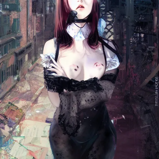 Prompt: a girl with cat ears wearing a black lace dress and thigh highs walking in an abandoned factory, digital art, beautiful face, expressive oil painting, by yoshitaka amano, by artgerm, by jeremy lipking, volumetrics, mood