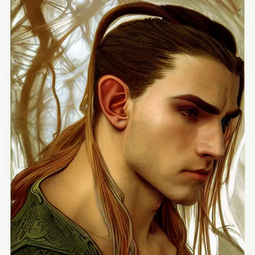 Prompt: masterpiece ultra realistic illustration of a male elf with blonde hair in a ponytail, intricate, dramatic, cinematic, fantasy, highly detailed. in the style of alphonse mucha, final fantasy, artstation trending.